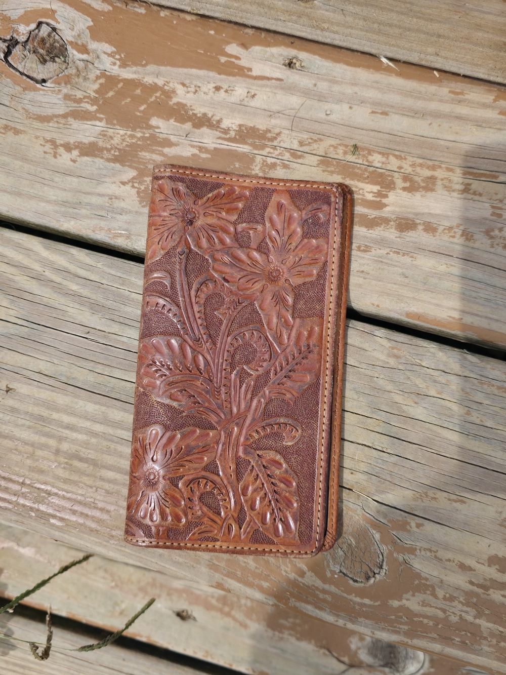 Embossed Floral Leather Wallet - Brown